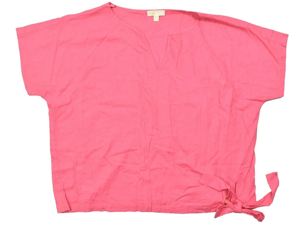 Michael Kors Women Plus 3X Pink Linen Blend V-Neck Side Tie Short Sleeve Blouse